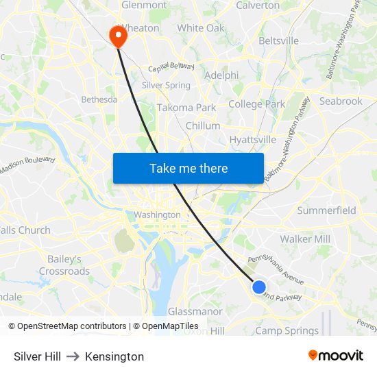 Silver Hill to Kensington map