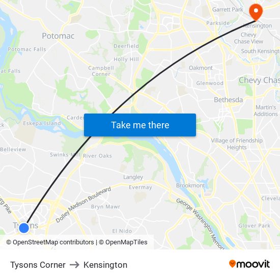 Tysons Corner to Kensington map