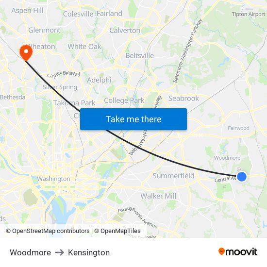 Woodmore to Kensington map