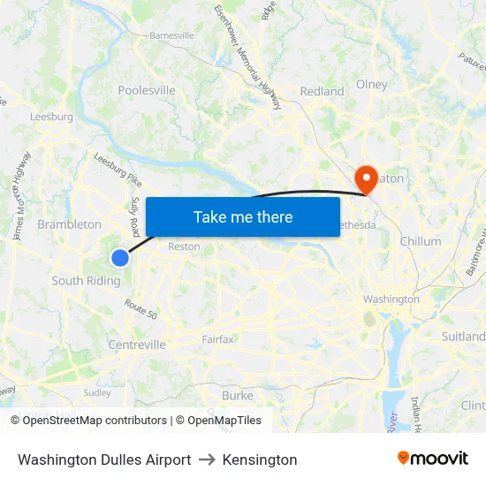 Washington Dulles Airport to Kensington map