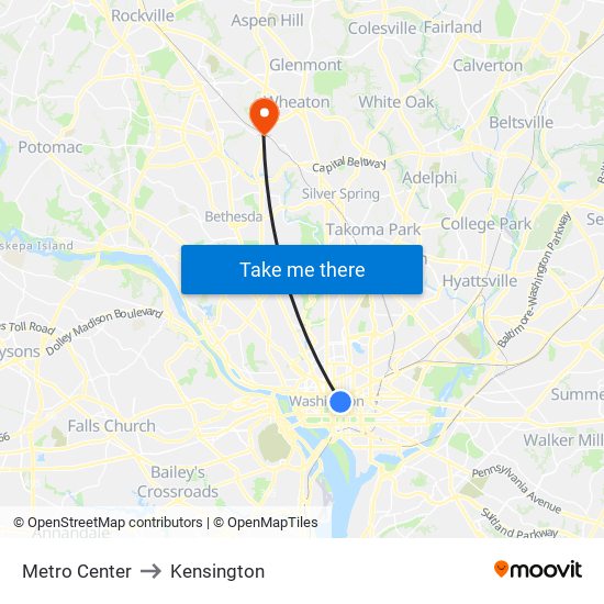 Metro Center to Kensington map