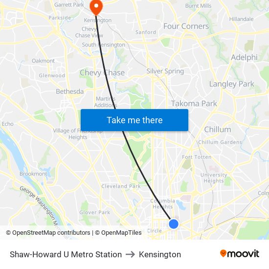 Shaw-Howard U Metro Station to Kensington map