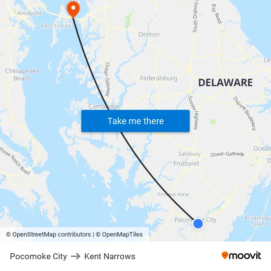Pocomoke City to Kent Narrows map