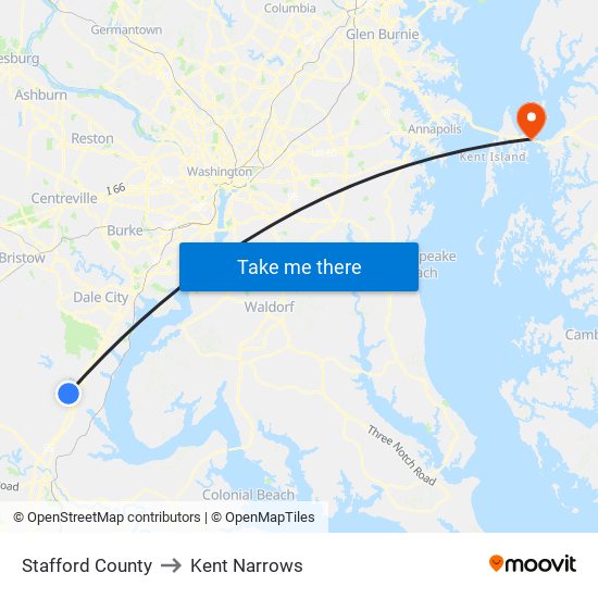 Stafford County to Kent Narrows map