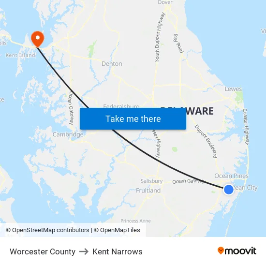 Worcester County to Kent Narrows map
