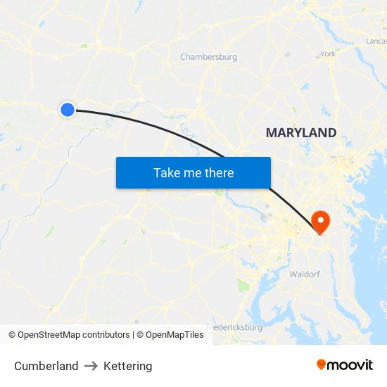 Cumberland to Kettering map