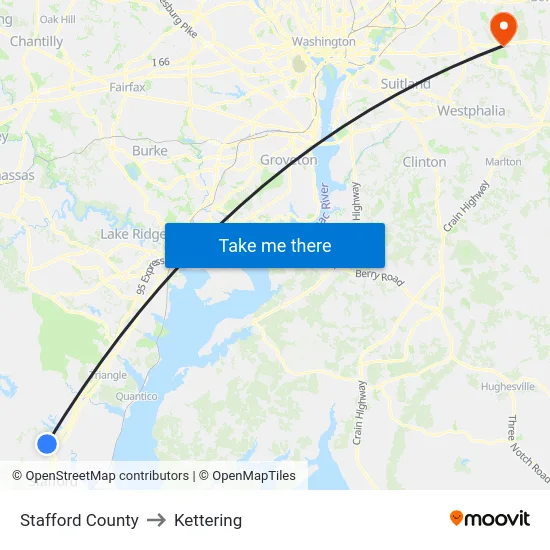 Stafford County to Kettering map