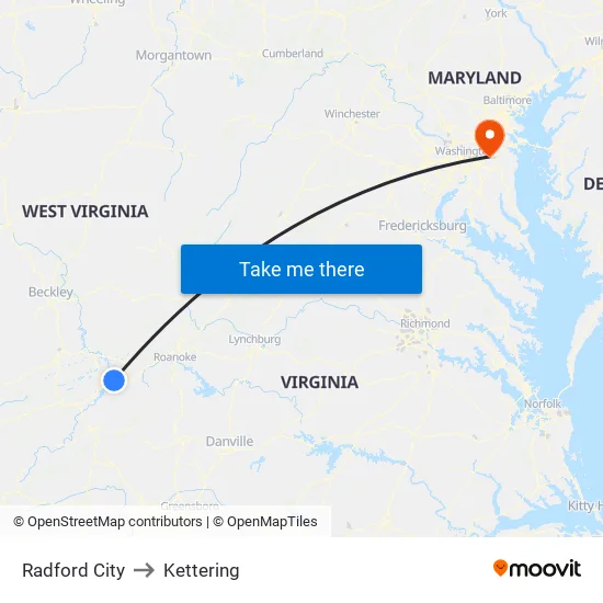 Radford City to Kettering map
