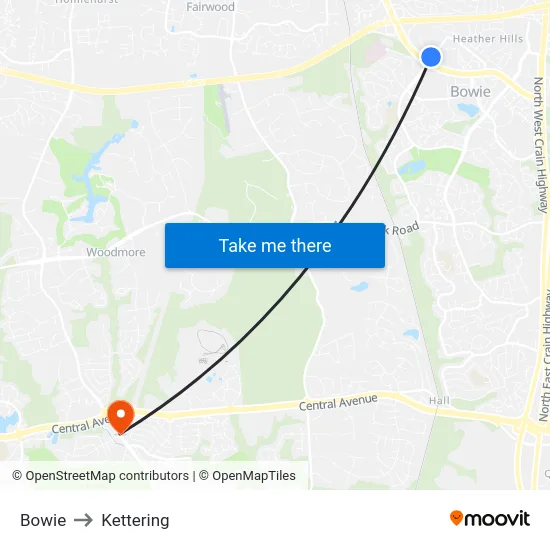 Bowie to Kettering map