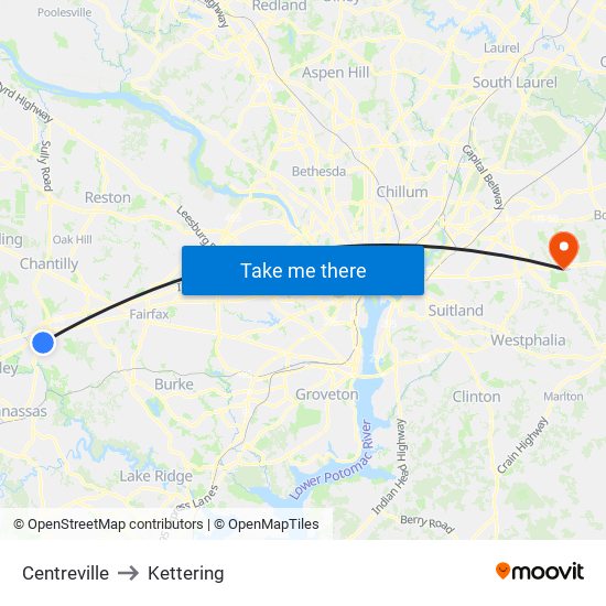 Centreville to Kettering map