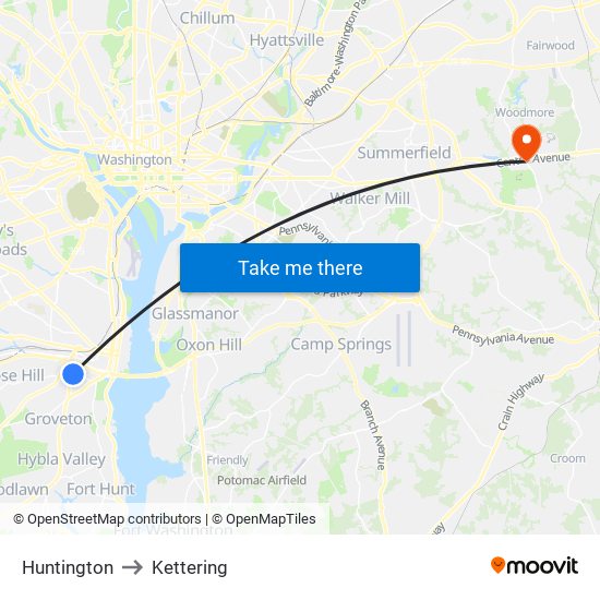 Huntington to Kettering map