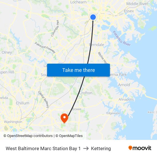 West Baltimore Marc Station Bay 1 to Kettering map