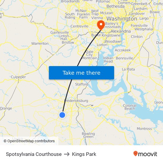 Spotsylvania Courthouse to Kings Park map