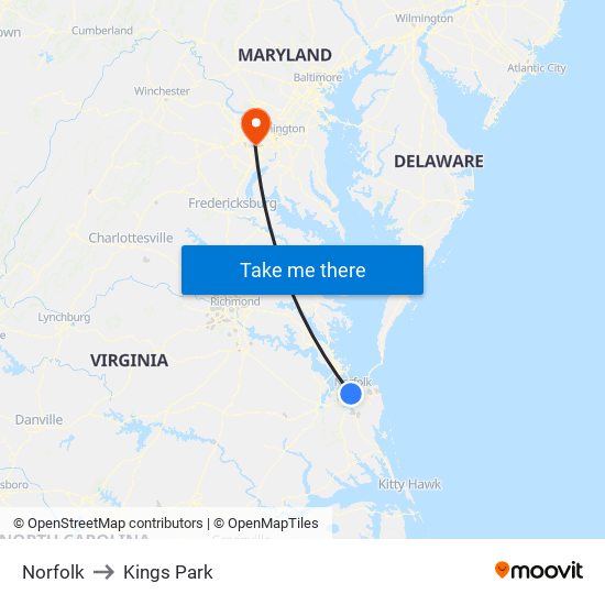 Norfolk to Kings Park map