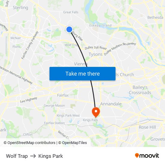 Wolf Trap to Kings Park map