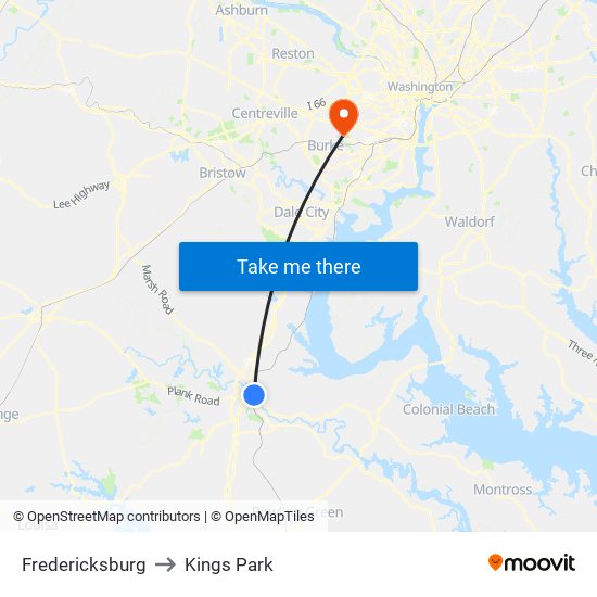 Fredericksburg to Kings Park map