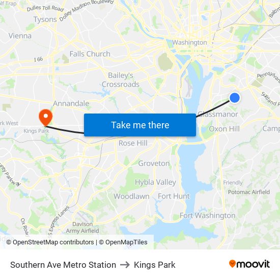 Southern Ave Metro Station to Kings Park map