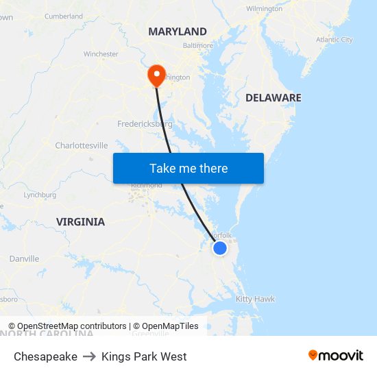Chesapeake to Kings Park West map