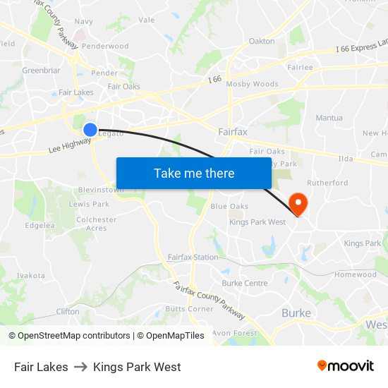 Fair Lakes to Kings Park West map