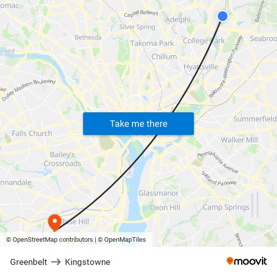 Greenbelt to Kingstowne map