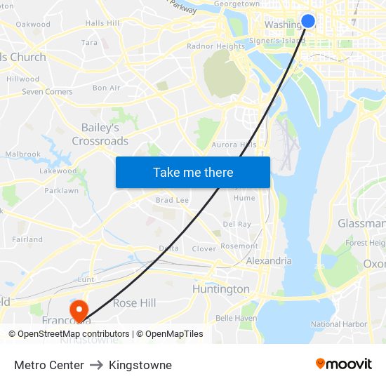 Metro Center to Kingstowne map