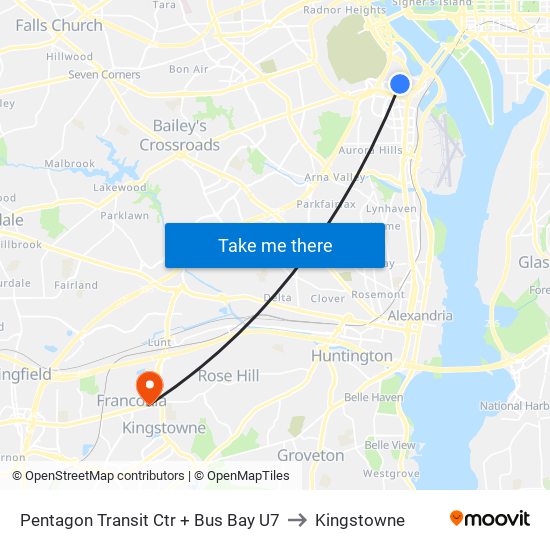Pentagon Transit Ctr + Bus Bay U7 to Kingstowne map