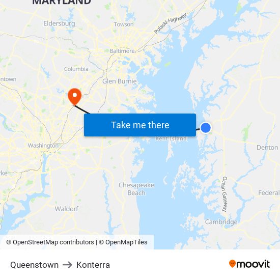 Queenstown to Konterra map