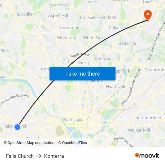 Falls Church to Konterra map