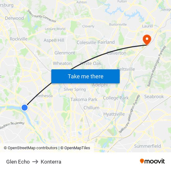 Glen Echo to Konterra map