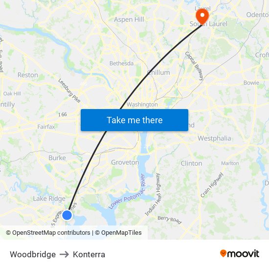 Woodbridge to Konterra map