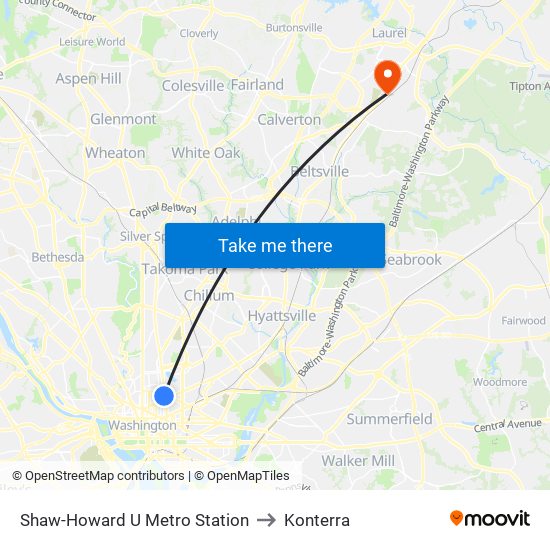 Shaw-Howard U Metro Station to Konterra map