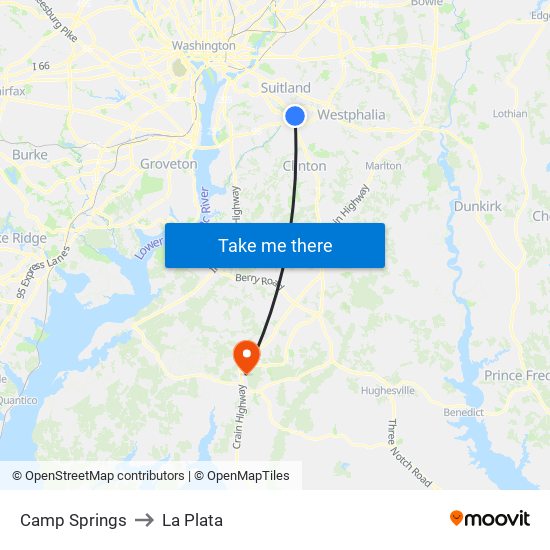 Camp Springs to La Plata map