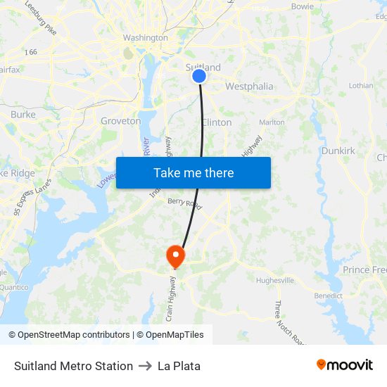 Suitland Metro Station to La Plata map