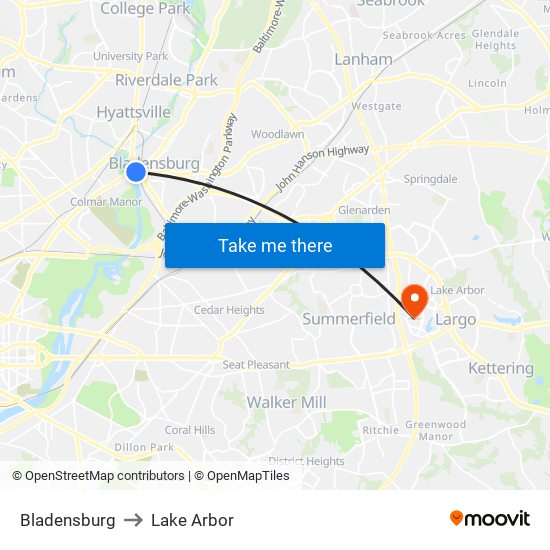 Bladensburg to Lake Arbor map