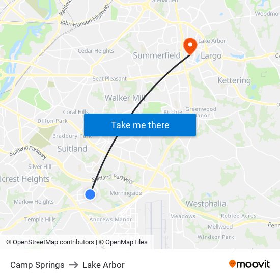 Camp Springs to Lake Arbor map