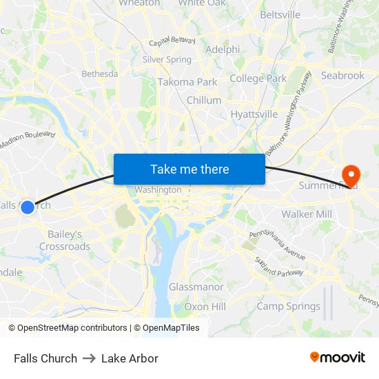 Falls Church to Lake Arbor map