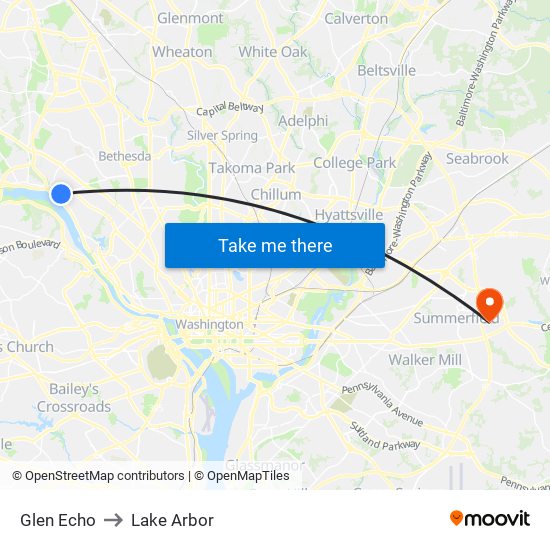 Glen Echo to Lake Arbor map