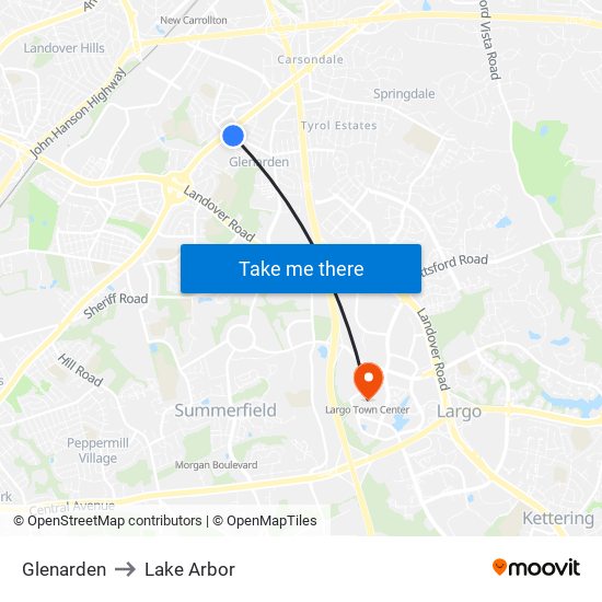 Glenarden to Lake Arbor map