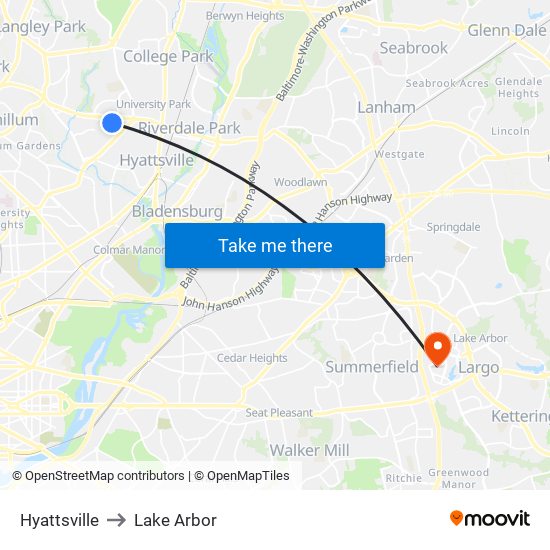 Hyattsville to Lake Arbor map