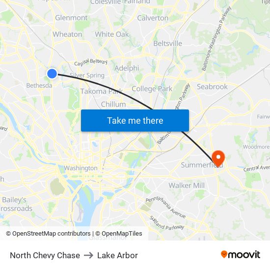 North Chevy Chase to Lake Arbor map