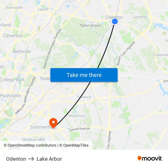 Odenton to Lake Arbor map