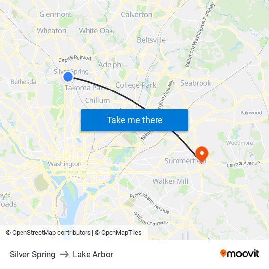 Silver Spring to Lake Arbor map