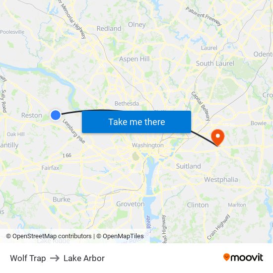 Wolf Trap to Lake Arbor map