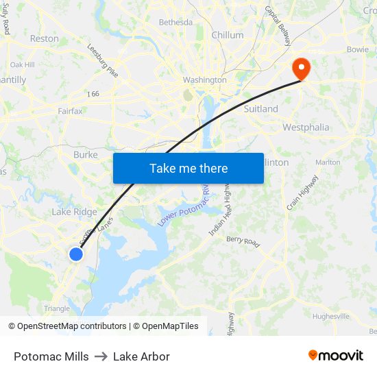 Potomac Mills to Lake Arbor map