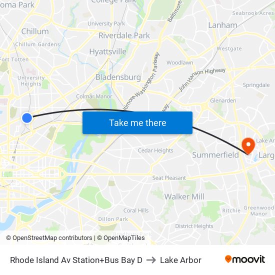 Rhode Island Av Station+Bus Bay D to Lake Arbor map