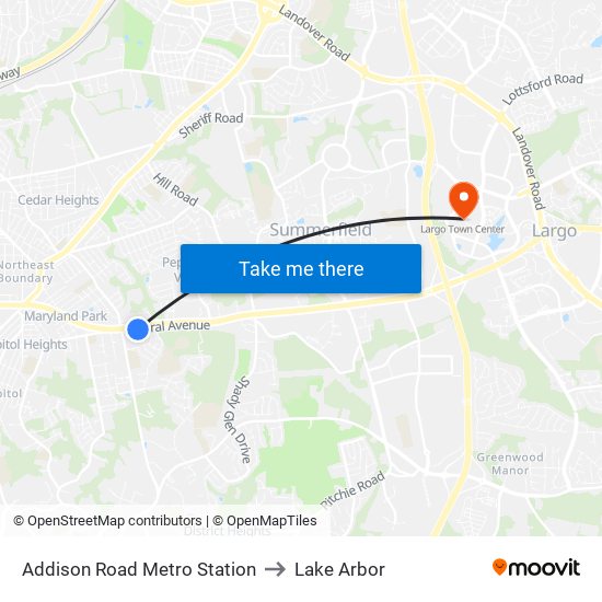 Addison Road Metro Station to Lake Arbor map