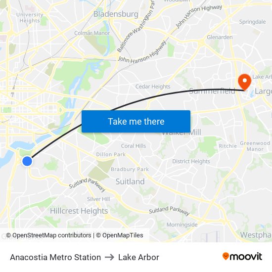 Anacostia Metro Station to Lake Arbor map
