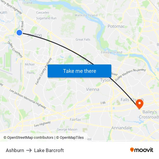 Ashburn to Lake Barcroft map