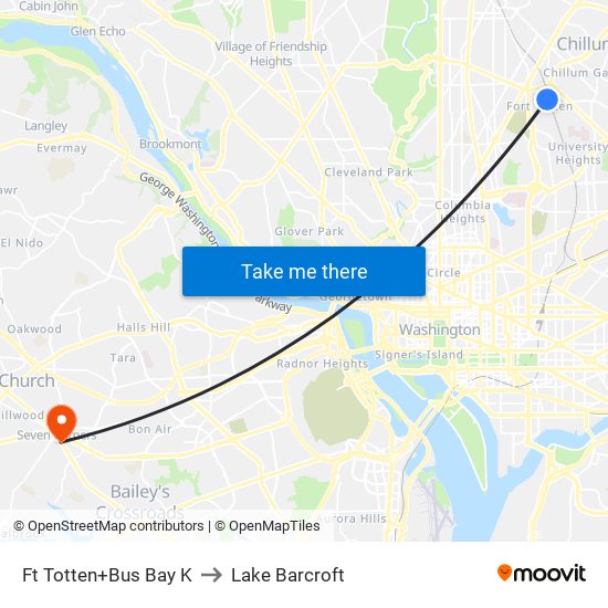 Fort Totten+Bay K to Lake Barcroft map