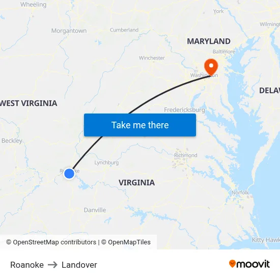 Roanoke to Landover map